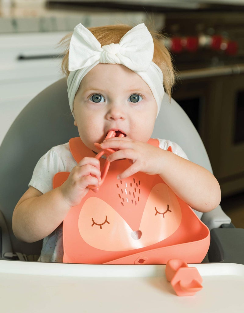 Tiny Twinkle Roll-Up Silicone Bib - Soft, Durable, Easy Clean Waterproof Silicone Bibs With Food Catcher (Coral, Infant) - Image 2